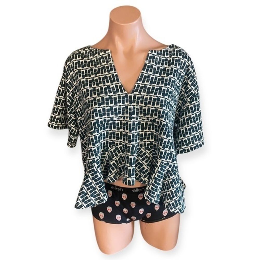 By Anthropologie Deep V Babydoll XXS Green And White Babydoll Top